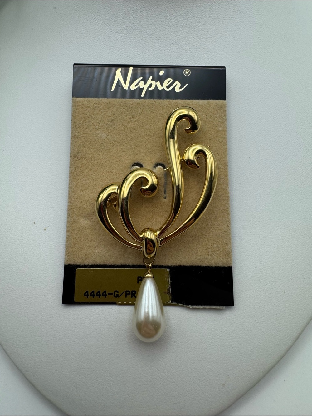 Napier vintage gold tone & faux pearl brooch, NOS still on card.